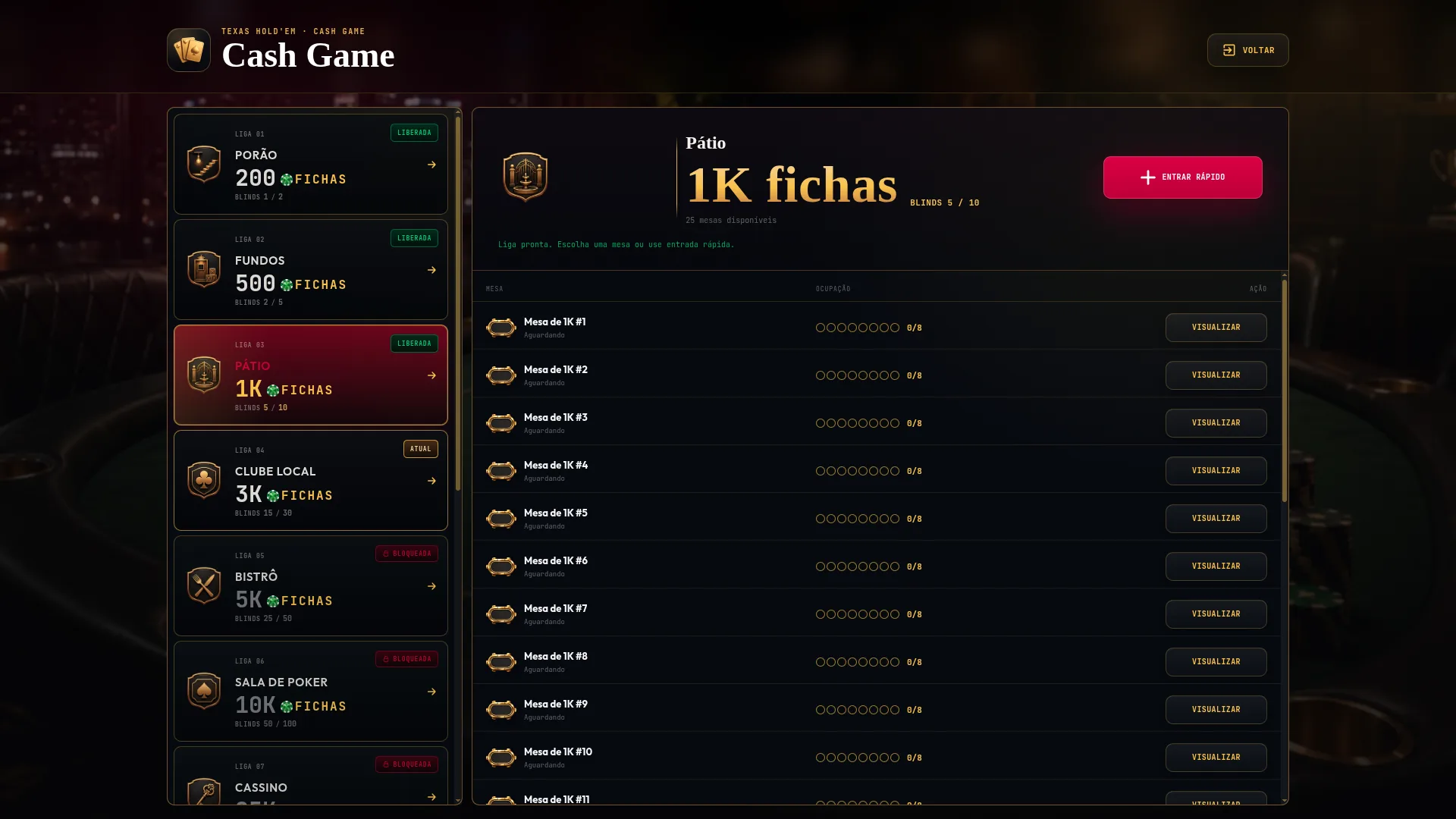 Seleção de mesas cash game dentro do cliente WynPoker
