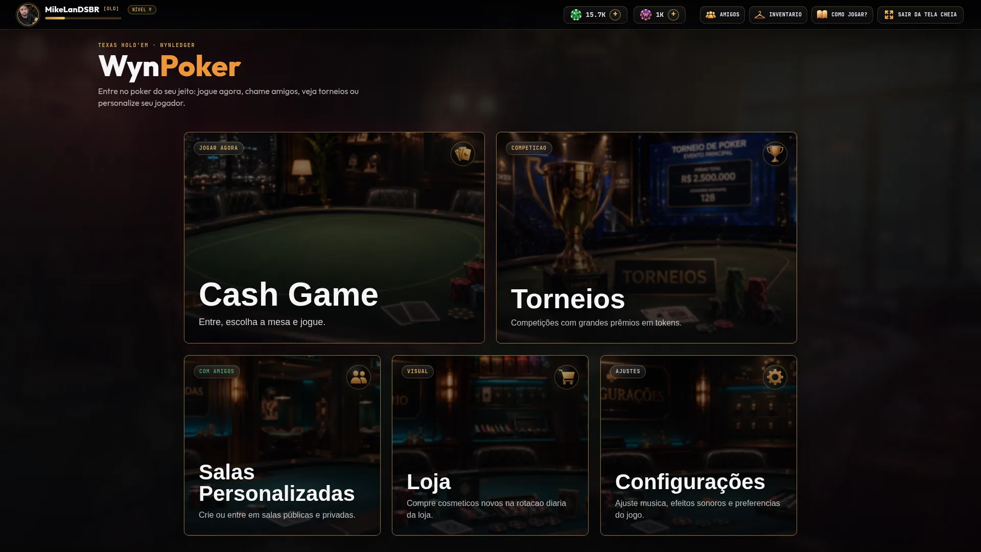 Lobby do cliente WynPoker com os modos de jogo
