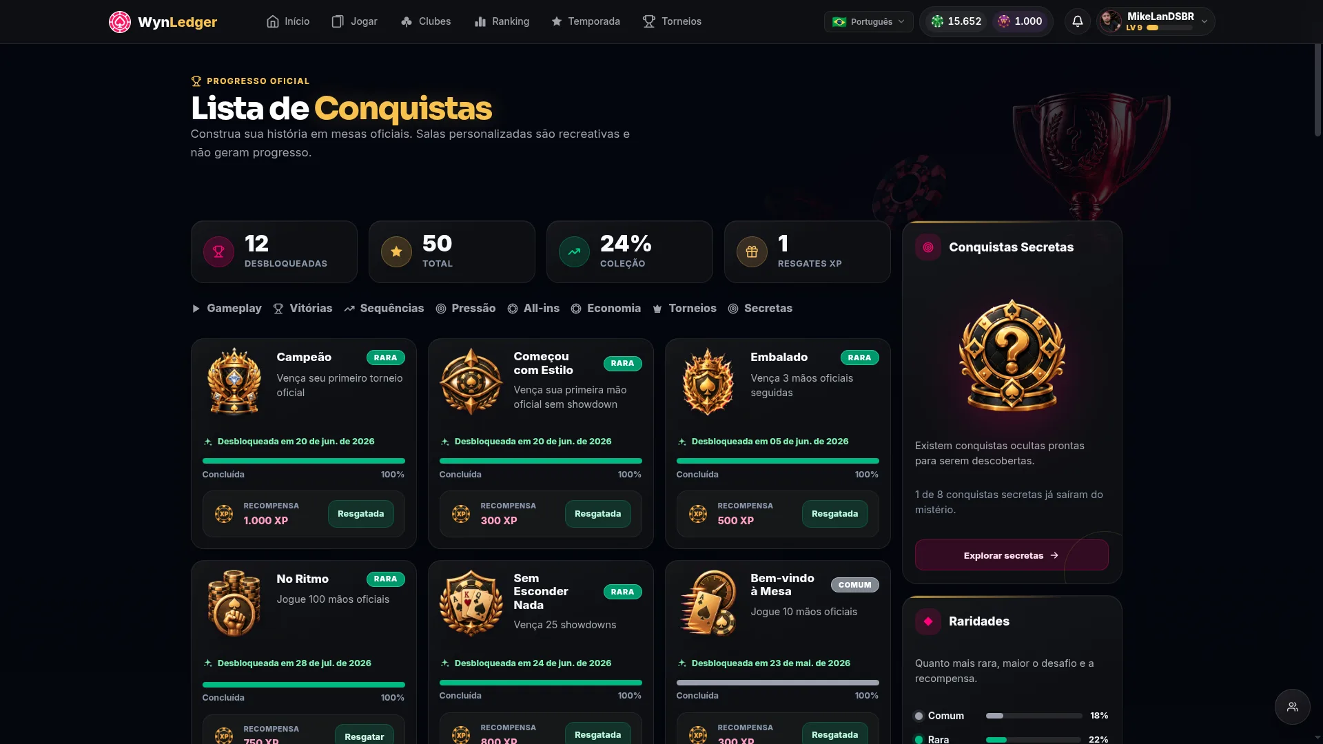 Lista de conquistas do WynLedger com progresso e raridades