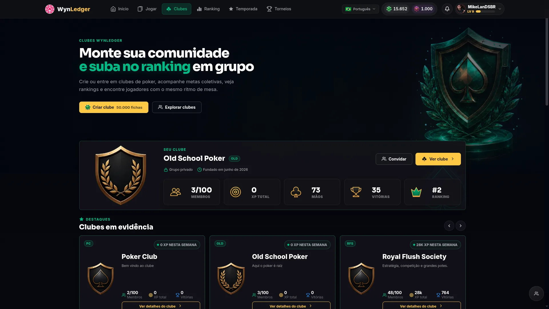 Página de clubes do WynLedger com perfil e comunidades em destaque