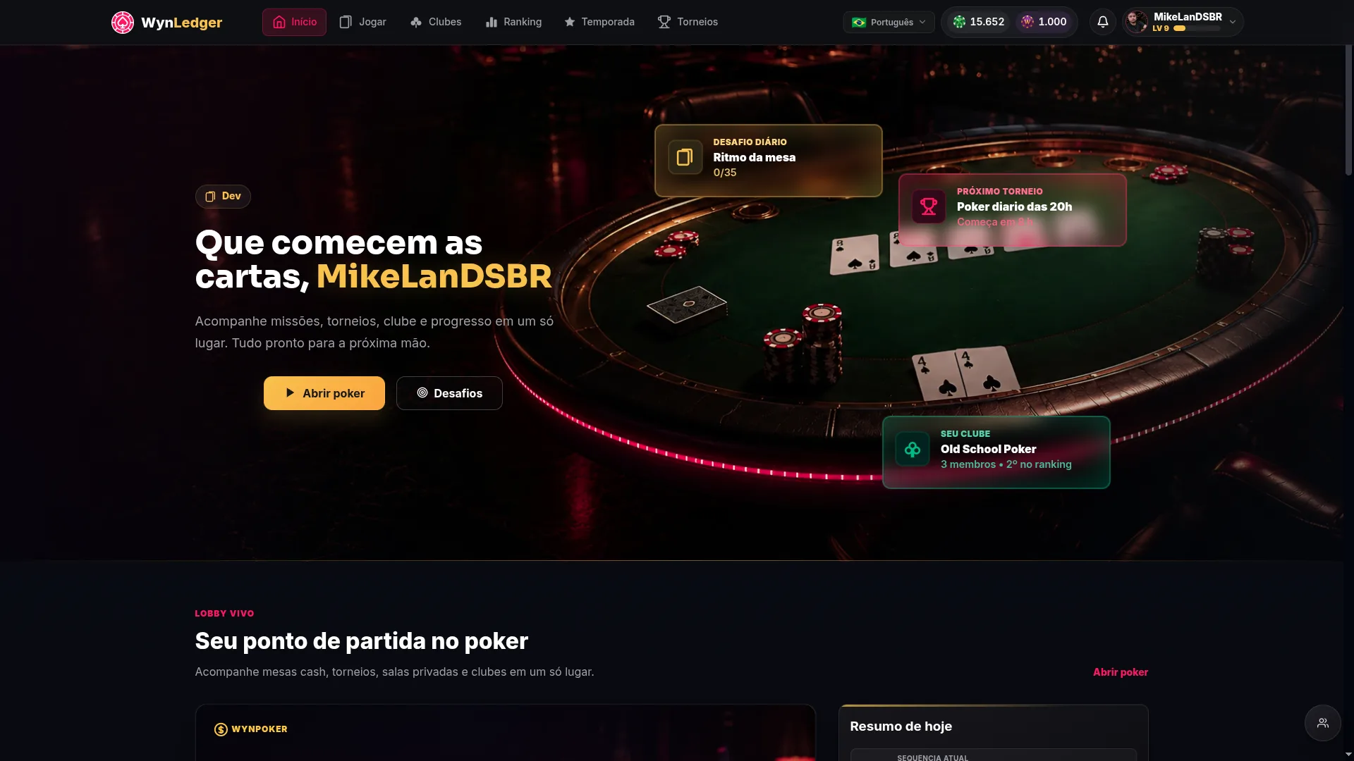 Página inicial atual do WynLedger com mesa de poker e painéis de atividade