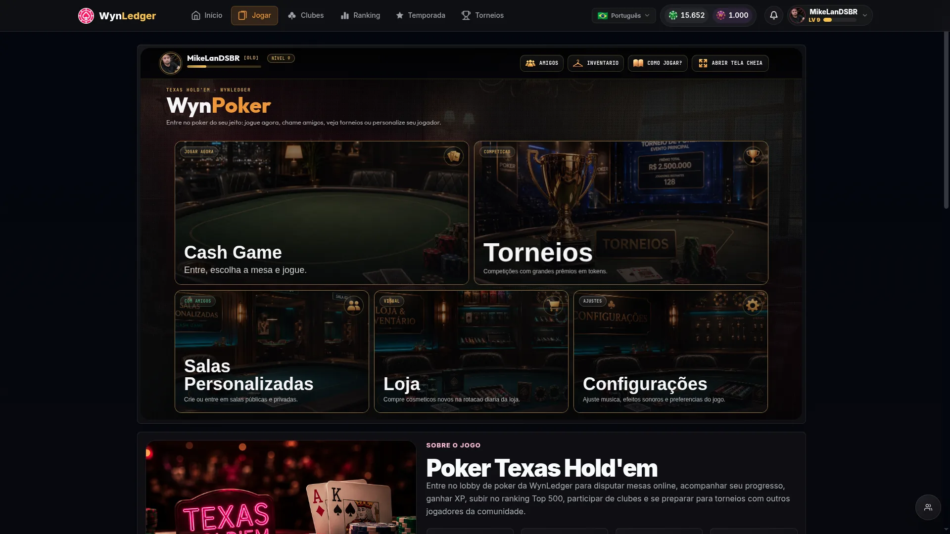 Área WynPoker integrada ao site com modos de jogo disponíveis