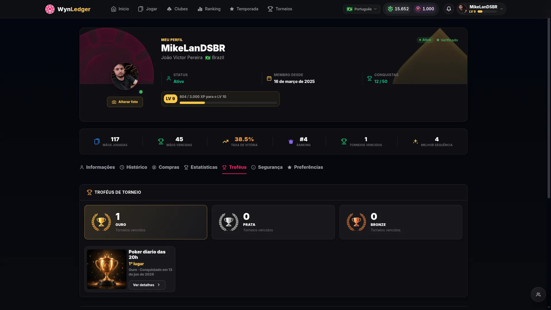 Perfil do jogador com estatísticas, conquistas e histórico