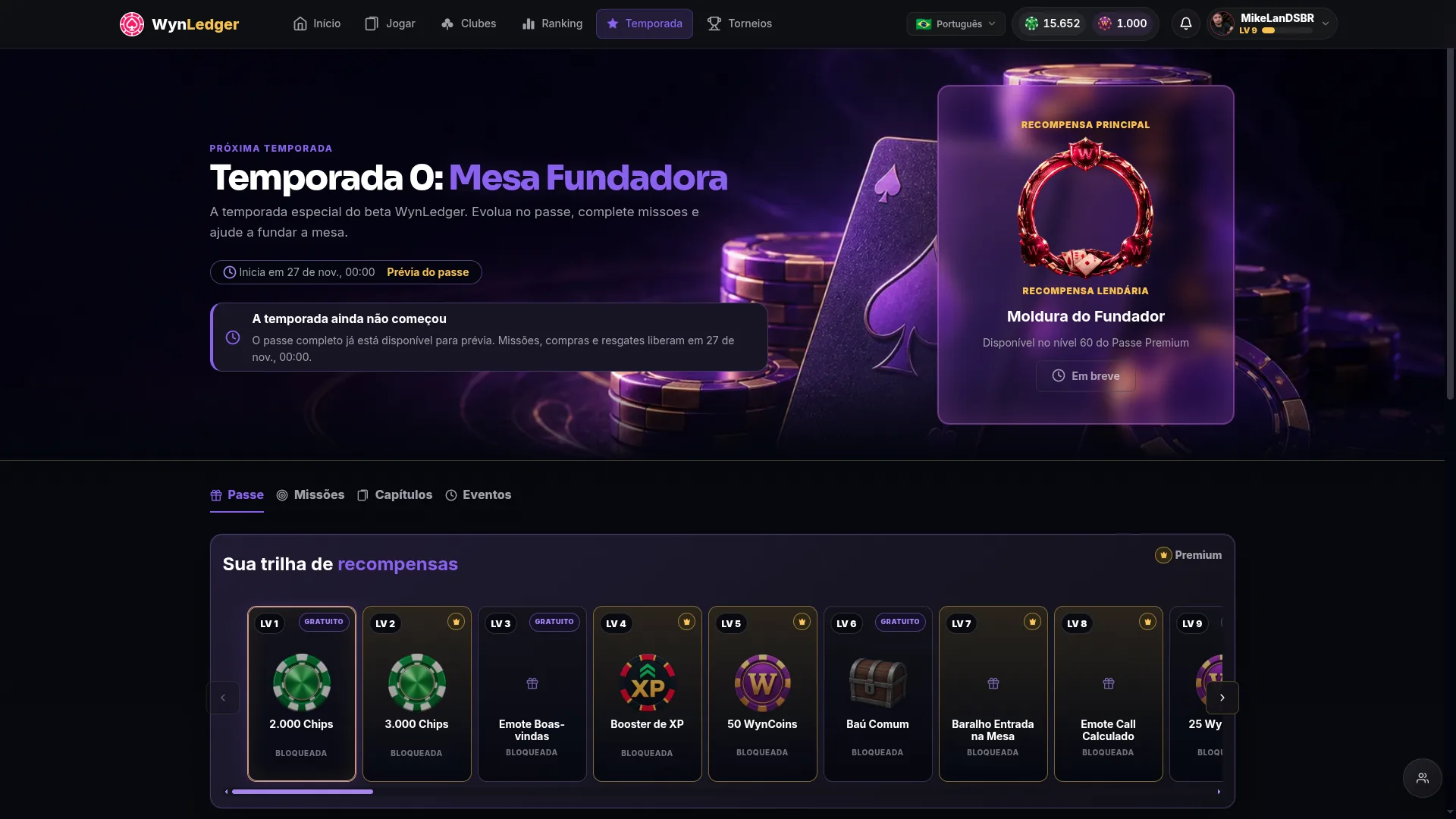 Temporada do WynLedger com passe, trilha e recompensas