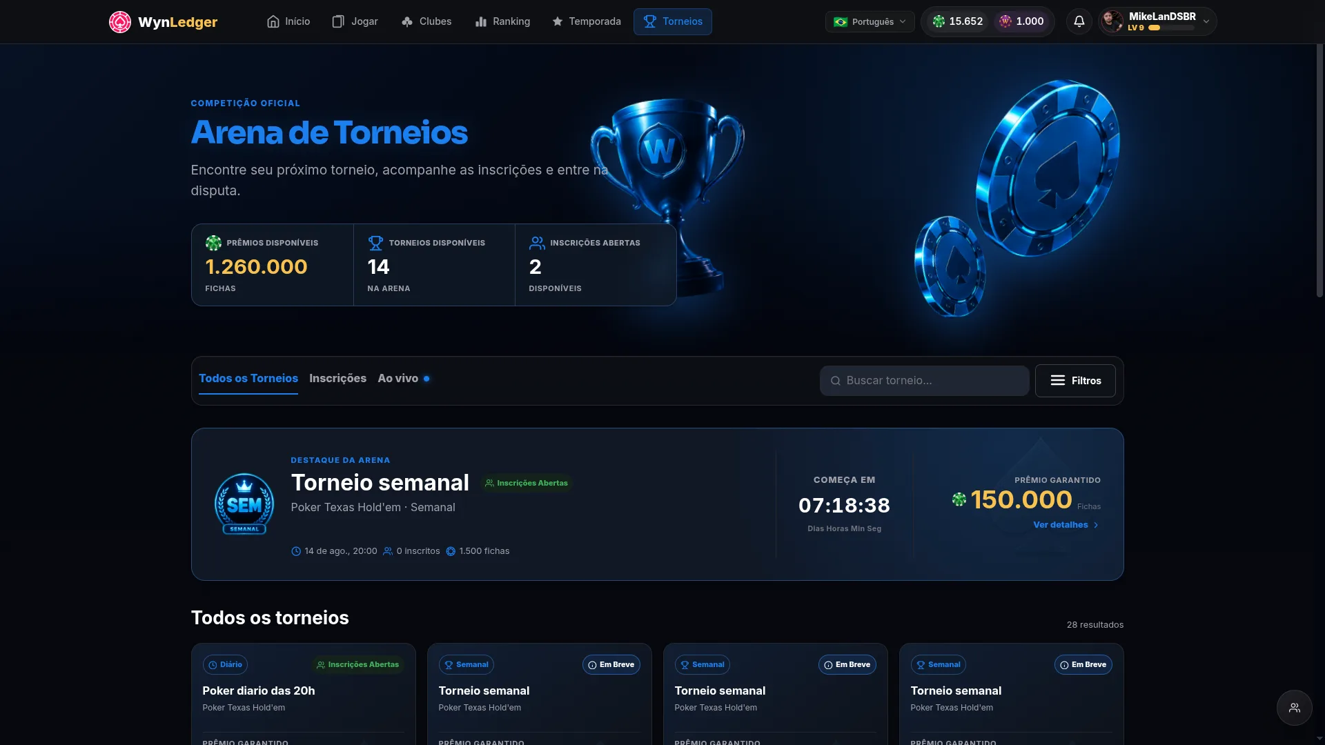Arena de torneios do WynLedger com eventos e premiações